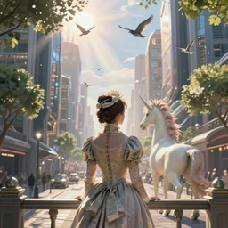 portrait of a victorian lady in a futuristic city with unicorn, from behind, streets, birds in the sky, sunlight and rays of light shining through trees, tall buildings on the sides, beautiful, solarpunk!!!, highly detailed, digital painting by Michael Garmash, Donato Giancola