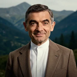 portrait of mr bean, gorgeous lighting, dramatic lighting and composition, award winning photograph, mountain forest in background