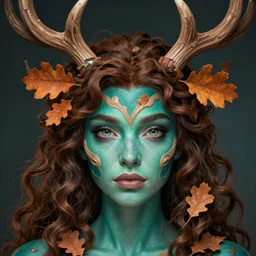 beautiful digital painting of a beautiful young woman with teal skin and antlers made of wood on her head, brown curly hair with orange oak leaves, heart shaped face, D&D, fantasy, intricate, beautiful eyes, cinematic lighting, highly detailed, digital painting, Artstation, concept art, smooth, sharp focus, illustration, art by Artgerm and Greg Rutkowski, Alphonse Mucha and Rossdraws