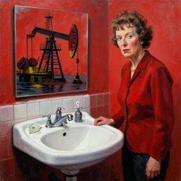 high quality painting featuring agatha christie, a disgraced oil and gas ceo and a bathroom sink mystery, mystery of the giant sink, oil rig and money in background, by greg rutkowski, red, black and white colour scheme, textured grunge aesthetic