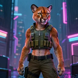 a female furry anthro mountain lion wearing a bullet proof vest and cargo pants. cyberpunk city at night in the rain. neon light. hyper detailed, dynamic background, digital art, trending in artstation, cinematic lighting, studio quality, smooth render, unreal engine 5 rendered, octane rendered, art style by klimt and nixeu and ian sprigger and wlop and krenz cushart