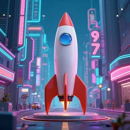 rocket standing on a street in the middle of a cyberpunk city, neon signs, 1 9 7 0 s poster, psychedelic, minimalism, clouds, night time, dramatic lighting, flat design, flat colors, in the style of a soviet propaganda poster