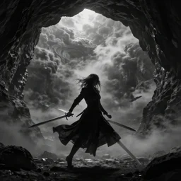 epic portrait cinematic shot an female with large sword runnning in a cave of an giant, cloudy, realistic shaded lighting poster by craig mullism, digital art, kvlt by peder balke by theodor kittelsen by guido crepax by norman bluhm mystic high contrast monochromatic noir