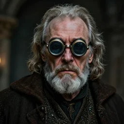 Ian McKellen with grey goatee and and eyepiece, as a sad, frightened alchemist, highly detailed, dramatic, fantasy concept art by Kerem Beyi, trending on Artstation