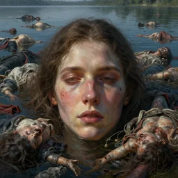 A lake crowned of floating dead bodies digital painting, artstation, concept art, Sergey Kolesov , Breathtaking, 8k resolution, extremely detailed, beautiful, establishing shot, artistic, hyperrealistic, octane render, cinematic lighting, dramatic lighting, masterpiece, light brazen, extremely detailed and beautiful face