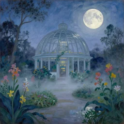 mystical kew gardens, mist, full moon, solarpunk, by matisse, rembrandt, paul lehr