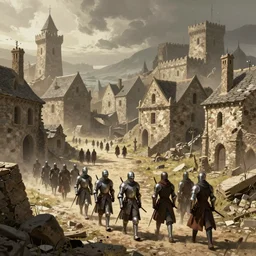 detailed ultra - realistic graphic novel illustration of patrolling knights, desolated city district, medieval, by famous digital artists, cinematic, full shot