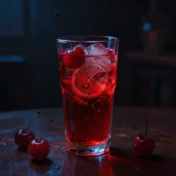 photorealistic digital painting of a glass of cherry soda, very dim red lights, very dim blue lights, very dark room, dark background, very photorealistic, resembles lemon demon - view - monster album art