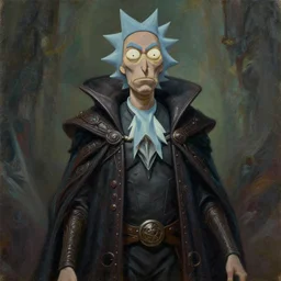 portrait of Rick Sanchez as a powerful dungeons and dragons warlock, wearing dark robe, intricately detailed, lovecraftian, realistic, oil painting, by jeff easley, boris vallejo, cinematic lighting