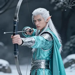 half length portrait of a handsome male snow elf in a turquoise cape and silver ornate armour as an archer, albino skin, pale pointed ears, winter vibes, perfect face, elegant, very coherent symmetrical artwork, atmospheric lighting, rule of thirds, by wenjun lin, krenz cushart, charlie bowater, trending on artstation