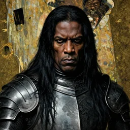 menacing dark grim portrait of james earl jones with long black hair in engraved armor by fabry, bisley, moebius and klimt, close up, attitude, dark fantasy