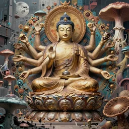 a epic sakyamuni, the founder of buddhism in cyberpunk style temple, decollage painting thousand - handed guanyin struggling in a ruined city full of organic fractal mycelum and fung, super complex and instruct, epic stunning atmosphere, hi - tech synthetic rna bioweapon nanotech demonic monster horror by syd mead, michael whelan, jean leon gerome, junji ito