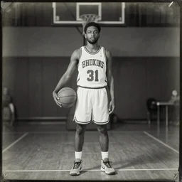Jarvis Cocker in a basketball jersey and shorts, ambrotype