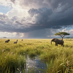 distant cyberpunk wildlife on the african plains, long grass, sparkling water, glistening, dramatic clouds, extreme weather, hyper realistic, hyper detailed, digital art, trending in artstation, cinematic lighting, vibrant, studio quality, smooth render, unreal engine 5 rendered, octane rendered, by jesper ejsing, wlop, paul lehr
