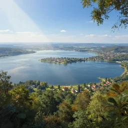 portrait of a vast lake with a village surrounded by woodland, highly detailed, sunny, blue sky, cinematic lighting, highly angle, godrays, volumetric, photorealistic, digital art painting by greg rutkowski