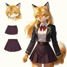 character sheet of attractive female lynx fursona, magic school uniform, blonde hair, by greg rutkowski and studio ghibli, digital art, trending on artstation, highly detailed, concept art, beautiful, masterpiece