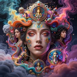 a gorgeous woman surrounded by colorful liquid clouds and neon smoke, extremely detailed, psychedelic experience, psilocybin, dmt, lsd, face, highly detailed, artstation, alphonse mucha, hana yata, and artem demura and beeple, octane render, unreal engine, 8 k