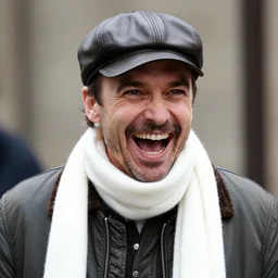 headshot of a crazed smiling, mouth ode open, john belushi, he is wearing a leather bomber cap on his head, he is also wearing an a 2 flight jacket, a long white wool scarf is wrapped around his neck, he has a 5 o'clock shadow