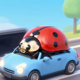 a vibrant photograph of an oversized ladybug driving a car through times square new york, wide shot, outdoors, golden hour