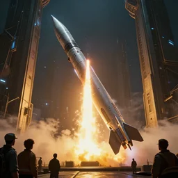 closeup of a highly futuristic missile being launched to the sky from huge platform while engineers watch, cyberpunk, moody, luminescent, rule of thirds, golden ratio, ambient lighting, syd mead, greg rutkowski, wlop, artgerm, artstation, highly detailed masterpiece