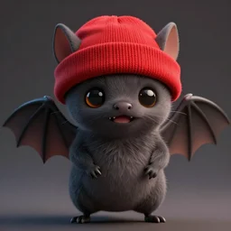cute cartoon animal bat wearing a red beanie. Hyperdetailed photorealism, 108 megapixels