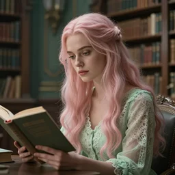 cinestill 5 0 d landscape view portrait of a dreamy beautiful woman britt marling 3 / 4 by roversi taking a book sitting in a dystopian fantasy library, long hair, wearing lace, 8 k, elegant, highly detailed, pale pink and green matt, soft blur, artstation, sharp focus, head in focus,