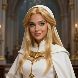 Pretty Female Cleric, white robes, golden details!, church background!, golden hair, green eyes, light brown skin!, detailed face, cute smile, DND, D&D, low fantasy, by WLOP, Stanley Artgerm Lau, frank frazetta, Rossdraws, James Jean, artgerm, trending on Arstation, artstationHD, artstationHQ, cgsociety, HD 16K, extremely detailed, face details, pose
