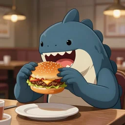 anthropomorphic lochness monster eating a cheeseburger