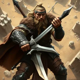 veteran warrior, man in leather armour, dnd barbarian, conan the barbarian, powerful male character from warcraft, character portrait, dnd art, new hearthstone addon, trading card game art, perfectly shaded, extremely detailed, royal allure, volumetric lighting, 4 k, view from top, dynamic scene, fighting, striking with weapon, powerful strike, sharp focus, deserted landscape, ancient stone ruins