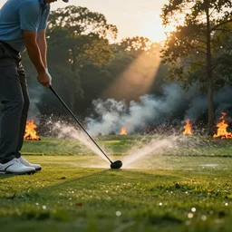 close-up of an athletic golf player in a lush golf course with automatic watering, a water spray, low angle, magical lights, golden hour, surrounded by burning forests, smoke from the fire, digital painting, cinematic, 4k, forest ray light, particles light, by sasha kalinkin, Noah Bradley, ilya kuvshinov, Greg Rutkowski, Beeple