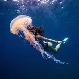 masterpiece  wide angle portrait of a beautiful woman swimming with jellyfish, dynamic lighting, colored, translucent, national geographic