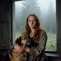 portrait bust of emma stone petting a dog, solemn expression, faded color film, russian cinema, tarkovsky, kodachrome, old cabin, next to window, heavy forest outside, long brown hair, old clothing, heavy fog, hudson river school, 4 k, dramatic lighting, greg rutkowski