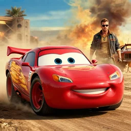 flash mcqueen in mad max fury road, realistic, still from a movie