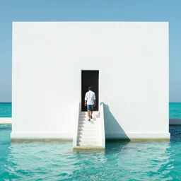 elegant, wondrous, eclectic, AWESOME, beautiful photograph of a plain white building surrounded by turquoise water. a man walks down a staircase from the building\'s only door into the water. vfx, control the soul, postprocessing
