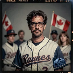 kodak portra 4 0 0, wetplate, muted colours, blueberry, 1 9 9 0 s style, award winning portrait of denis coderre, dark scifi illustration portrait of denis coderre with glasses, in a baseball jersey, montreal canada flags, motion blur, by georges melies and by britt marling