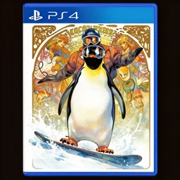 ps 2 keyart game poster, snowboarding penguins, painted by tsuyoshi nagano, greg rutkowski, artgerm, alphonse mucha