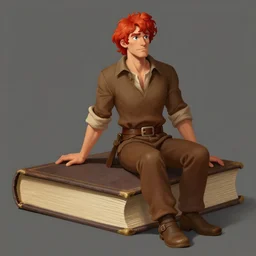 Red-haired peasant man from Lilliput sitting on giant book, brown shirt and pants, style digital painting, concept art, smooth, sharp focus, illustration, from Metal Gear, by Ruan Jia and Mandy Jurgens and William-Adolphe Bouguereau, Artgerm