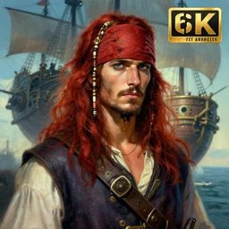 portrait painting of a handsome rugged long hair crimson hair male pirate, soft hair steampunk airship in the sky art by raphael lacoste and stephan martiniere greg rutkowski gaston bussiere fantasy soft hair trending on artstation deviantart book cover art concept art key art dramatic volumetric lighting, 4 k, award winning