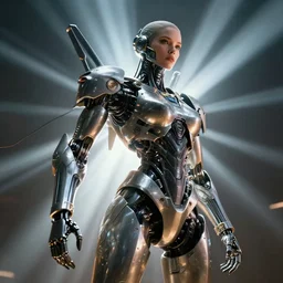 biomechanical beautiful female mecha, rays of light. Style of westworld, cables, lights, searchlight, weta digital, octane render, insane details, ultra realistic, beatifully lit, reflections