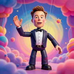 the world's richest man is a ventriloquist dummy from heaven!, psychedelic bliss trip, elon musk! as the puppet master, strings attached to the puppet, patterned skin, trending on artstation, photorealism, vibrant colors, digital art, octane render, establishing shot.