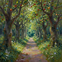 a painting of a path leading to a mystical forest full of wonders, apple trees, magical fairy atmosphere, trending on artstation, 50mm, by Tyler Edlin, by Noah Bradley