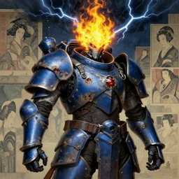 composition portrait of gothic and futuristic, warhammer, cyber japan style armor, more and more scars, thunderstorm, fire head, blue and yellow, highly detailed, artstation, in the style of moebius, jugendstil and classic japanese print, art by jean delville and rene magritte