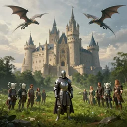 beautiful illustration of a big castle in a serene landscape, a paladin standing, dragons flying in the sky, by albert bierstadt, green grass, highly detailed, crystal lighting, mystical, forest, hyperrealistic, 4 k, unreal engine, magical, by joe fenton, by greg rutkowski, by greg tocchini, by kaws, by kate beaton, by kaethe butcher