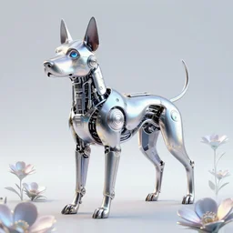 detailed digital biopunk biomechanical dog in retrofuturistic iridium flowers, cinematic lighting, 8 k, artgerm, wlop, rutkowski, carne griffiths, ayami kojima, trending cgsociety deviantart, minimalism