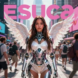 magazine cover body portrait of young woman jessica alba as an edc rave angel girl cyborg in a crowded packed times square intersection, octane render, anime, trending on artstation, unreal engine, volumetric lighting, concept art, sci - fi, photoreal, sweating, pouty face, looking at camera, symmetrical, epic shot, fashion photoshoot, brught morning,
