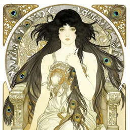 highly detailed ilustration with thin contur lines a portrait of a beautiful cute girl with peacock feathers, endless black hair, with pale skin, fibonacci, fragile, sitted on an intricate stone throne by alphonse mucha, ayami kojima, yoshitaka amano, charlie bowater, karol bak, greg hildebrandt, jean delville, and mark brooks, 4 k resolution