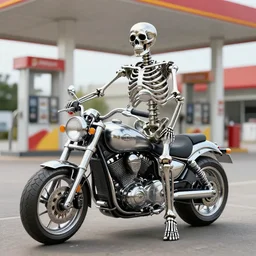 A stainless steel human skeleton dressed as a biker, posing for a photo outside of a gas station.