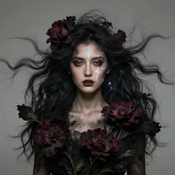 a goddess of dark flowers!! hair in the wind! with a beautiful symmetrical face!!! cinematic lightning, murky dusty deep, smoky eyes, isolated, studio lighting by alphonse mucha and tom bagshaw