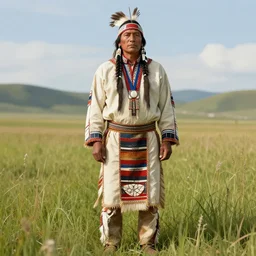 native american indigenous man wearing traditional clothing standing in the grass, facing forward, greg rutkowski, detailed artwork, unreal engine