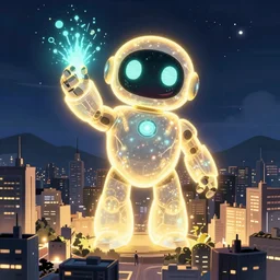glowing nuclear powered friendly robot delivering energy to a city by satoshi kon, a sense of hope and awe